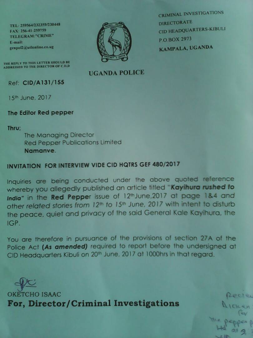 Police grills Red Pepper editor for disturbing Kayihura’s peace