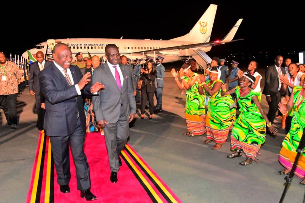 President Ramaphosa welcomed by Minister Mulimba at Entebbe Airport 